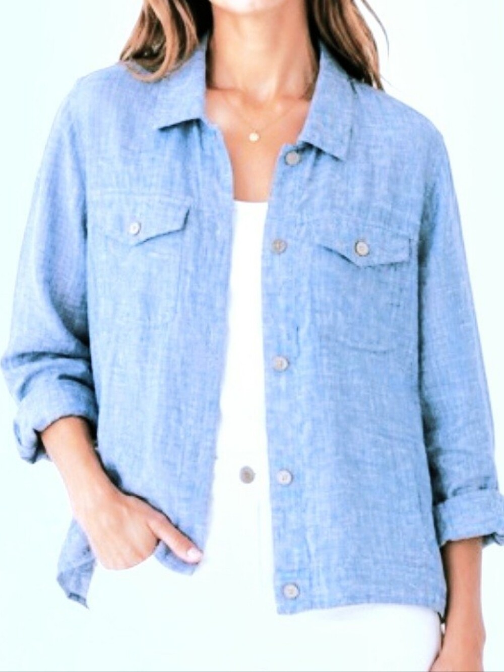 Jones New York 100% linen Blouse / Shacket Layering Top In Classic Coastal Blue
